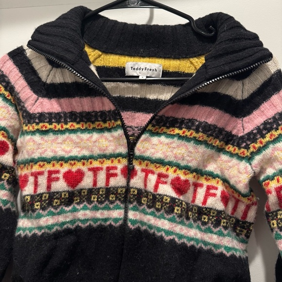 Teddy Fresh Black Zip-Up Sweater with Multicolor Fair Isle Hearts - Picture 2 of 5